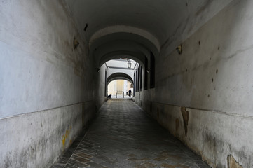Fototapeta na wymiar Stone Arched Tunnel Through Buildings with Paved Walkway and Figure at Far End