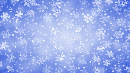 Fototapeta na wymiar Christmas background of snowflakes of different shapes, sizes and transparency in blue colors