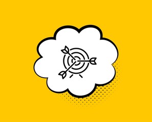 Target line icon. Comic speech bubble. Marketing targeting strategy symbol. Aim with arrows sign. Yellow background with chat bubble. Target icon. Colorful banner. Vector