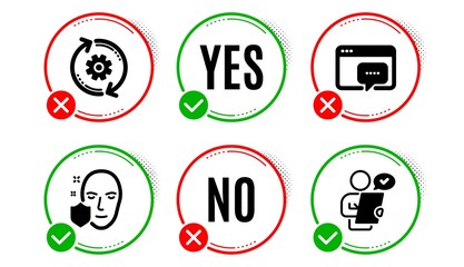 Face protection, Cogwheel and Seo message icons simple set. Yes no check box. Customer survey sign. Secure access, Engineering tool, Support chat. Contract. Science set. Face protection icon. Vector