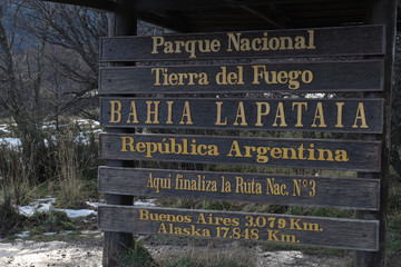 Bahia Lapataia sign in Tierra del Fuego national park near Ushuaia City
