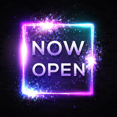 Now Open square neon sign on black brick wall. Color light rectangle background with shining stars glowing text. Retro night bar store shop signage. Bright frame. Vintage signboard vector illustration