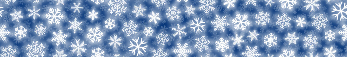 Fototapeta na wymiar Christmas horizontal seamless banner of white snowflakes on blue background