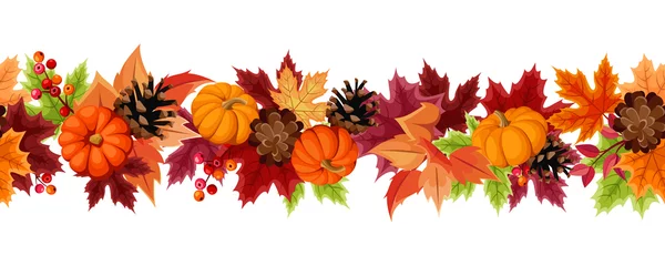 Poster Vector horizontal seamless background with orange pumpkins, pinecones and colorful autumn leaves. © naddya