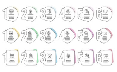 Fototapeta premium Yummy smile, Search flight and Holidays shopping line icons set. Infographic timeline. Fastpass, Santa sack and Sale signs. Emoticon, Airplane trip, Gifts bag. Entrance ticket. Holidays set. Vector