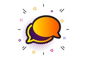 Speech bubble sign. Halftone circles pattern. Messenger icon. Chat message symbol. Classic flat messenger icon. Vector