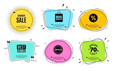 Summer Sale. Best seller, quote text. Special offer price sign. Advertising Discounts symbol. Quotation bubble. Banner badge, texting quote boxes. Summer sale text. Coupon offer. Vector