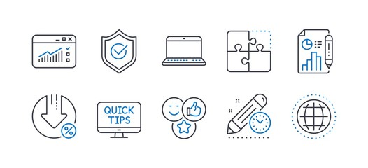 Set of Technology icons, such as Like, Report document, Approved shield, Web traffic, Puzzle, Project deadline, Notebook, Loan percent, Web tutorials, Globe line icons. Line like icon. Vector