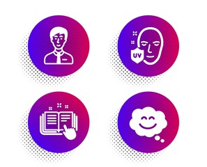 Businessman person, Technical documentation and Uv protection icons simple set. Halftone dots button. Smile chat sign. Male user, Manual, Ultraviolet. Happy face. People set. Vector
