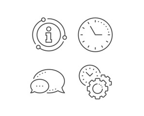 Time management line icon. Chat bubble, info sign elements. Clock sign. Gear symbol. Linear time management outline icon. Information bubble. Vector
