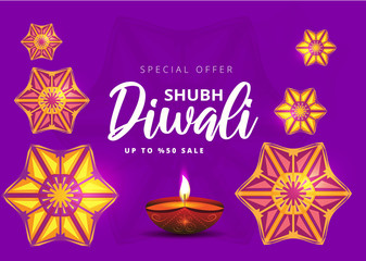 Happy Diwali festival with oil lamp, Diwali holiday Background with diya lamps and rangoli, Symbol of Diwali celebration greeting card, Gold Lanterns, Hinduism art Style, vector illustration.