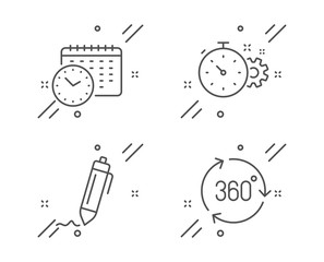 Calendar time, Signature and Cogwheel timer line icons set. 360 degree sign. Clock, Written pen, Engineering tool. Virtual reality. Science set. Line calendar time outline icon. Vector