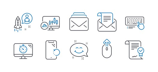 Set of Technology icons, such as Computer keyboard, Startup, Smile chat, Mail newsletter, Swipe up, Candlestick chart, Smartphone recovery, Mail, Seo timer, Approved agreement line icons. Vector
