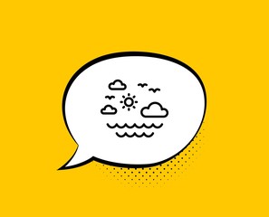 Travel sea line icon. Comic speech bubble. Sun, clouds and waves sign. Summer holidays symbol. Yellow background with chat bubble. Travel sea icon. Colorful banner. Vector
