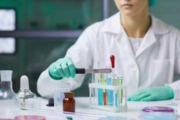 Fototapeta premium Closeup of unrecognizable woman taking test tube with colored liquid while working on research in medical laboratory, copy space