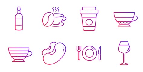Beans, Brandy bottle and Cappuccino line icons set. Takeaway coffee, Coffee cup and Americano signs. Food, Bordeaux glass symbols. Vegetarian seed, Whiskey. Food and drink set. Vector