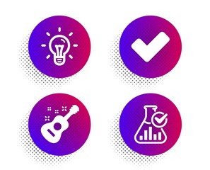 Tick, Guitar and Idea icons simple set. Halftone dots button. Chemistry lab sign. Confirm check, Acoustic instrument, Light bulb. Laboratory flask. Education set. Classic flat tick icon. Vector