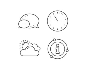 Sunny weather forecast line icon. Chat bubble, info sign elements. Clouds with sun sign. Cloudy sky symbol. Linear sunny weather outline icon. Information bubble. Vector