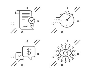 Timer, Approved agreement and Payment received line icons set. Artificial intelligence sign. Deadline management, Verified document, Money. All-seeing eye. Education set. Vector