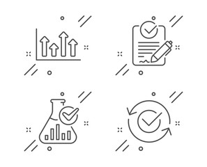 Fototapeta premium Upper arrows, Chemistry lab and Rfp line icons set. Approved sign. Growth infochart, Laboratory flask, Request for proposal. Refresh symbol. Education set. Line upper arrows outline icon. Vector