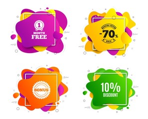 10% Discount. Liquid shape, various colors. Sale offer price sign. Special offer symbol. Geometric vector banner, square frames. Discount text. Gradient shape badge. Vector