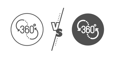 VR technology simulation sign. Versus concept. 360 degree line icon. Panoramic view symbol. Line vs classic 360 degree icon. Vector