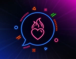 Heart flame line icon. Neon laser lights. Love fire emotion sign. Valentine day symbol. Glow laser speech bubble. Neon lights chat bubble. Banner badge with heart flame icon. Vector
