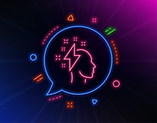 Creative brainstorming line icon. Neon laser lights. Human head with lightning bolt sign. Inspiration symbol. Glow laser speech bubble. Neon lights chat bubble. Vector