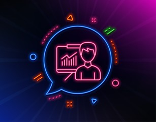 Presentation line icon. Neon laser lights. Education board sign. Lecture with Charts symbol. Glow laser speech bubble. Neon lights chat bubble. Banner badge with presentation icon. Vector