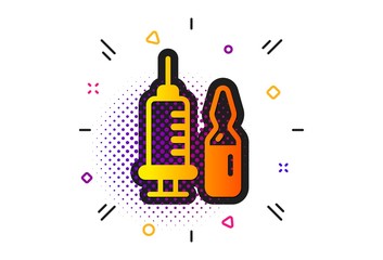 Medicine vaccine sign. Halftone circles pattern. Medical vaccination icon. Pharmacy medication symbol. Classic flat medical vaccination icon. Vector