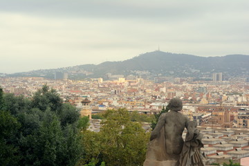 Views of the city of Barcelona at sunrise from a Monjuic viewpoint