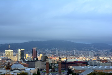 Views of the city of Barcelona at sunrise from a Monjuic viewpoint