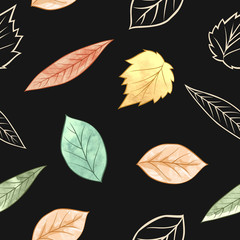 Watercolor autumn leaves and doodle seamless pattern on black background, vector illustration.