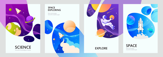 Space explore and science. Astronaut in space. Set of modern templates for banners, covers, cards, posters, brochures. Vector illustration. © sweet kiwi