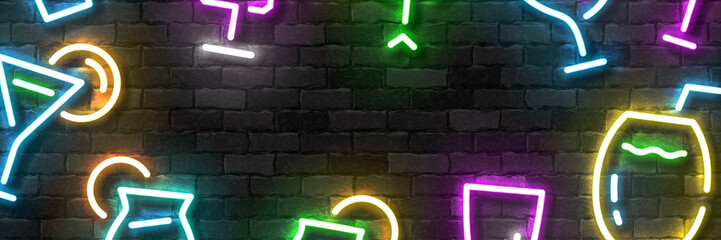 Vector realistic isolated neon sign of Cocktail flyer logo for template decoration and covering on the wall background. Concept of free drinks, happy hour and night club.