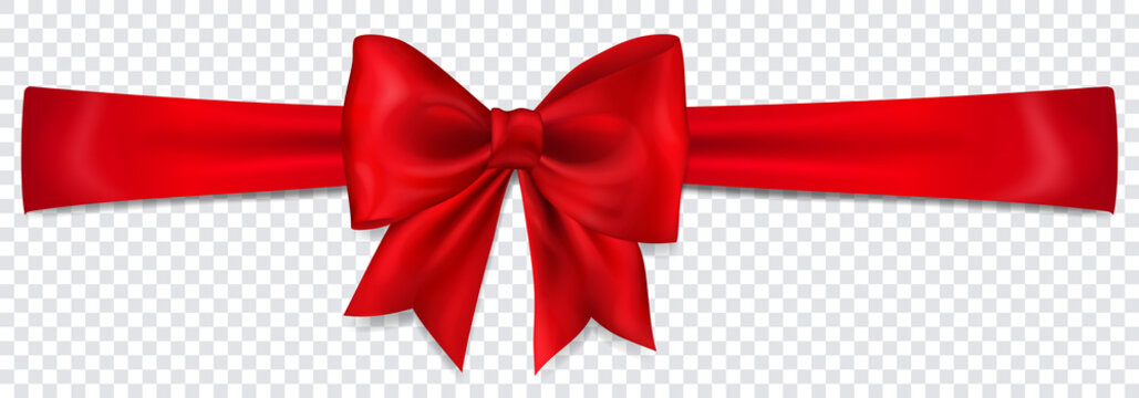Beautiful red bow with horizontal ribbon with shadow on transparent background