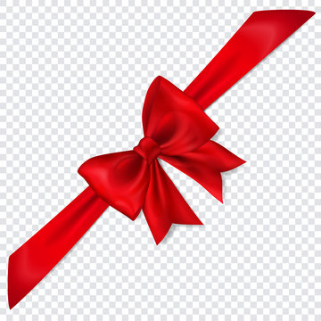 Beautiful red bow with diagonally ribbon with shadow on transparent background