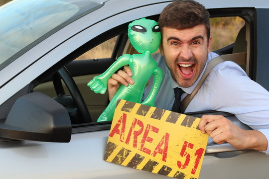 Ecstatic Man Meeting An Alien In Area 51, Nevada, USA.