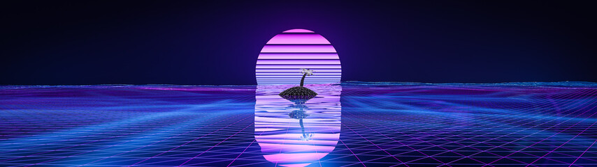 abstract cyberpunk vaporwave evening sunset with lonely islandwallpaper banner with pink-plue...