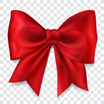 Beautiful big bow made of red ribbon with shadow on transparent background