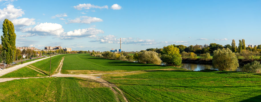 Large green park area on the northern side of Sava river near Liberty Bridge, Zagreb, Croatia