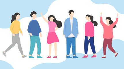 Happy Women and gradation fantasy color leaves in falt style. Horizontal card format for web banner or header.