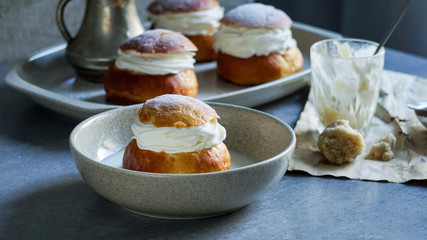 Semla or semlor, vastlakukkel, laskiaispulla is a traditional sweet roll made in various forms in Sweden, Finland, Estonia, Norway, Denmark, especially Shrove Monday and Shrove Tuesday
