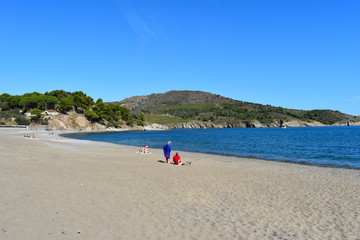 Beach goers enjoying a bright sunny clear blue sky day on a miles long sandy beach on the French Riviera. Cliffs and vineyards at the background. 