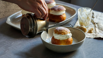Semla or semlor, vastlakukkel, laskiaispulla is a traditional sweet roll made in various forms in Sweden, Finland, Estonia, Norway, Denmark, especially Shrove Monday and Shrove Tuesday