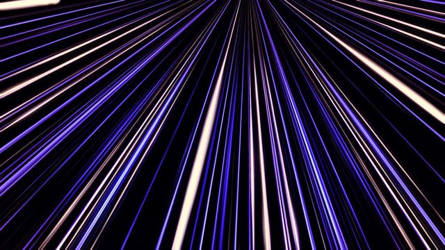 Abstract glowing straight parallel lines blinking on black background, seamless loop. Animation. Colorful shimmering rays of purple color spreading from one point into the sides.