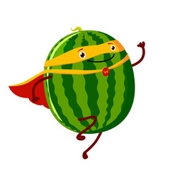 Watermelon super hero. Fruit poster with vector watermelon character.