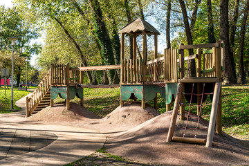 Wooden obstacle course for children in Bundek city park, Zagreb, Croatia
