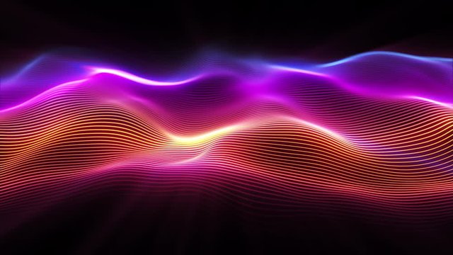 Abstract wave surface. Big data of particles. Futuristic neon glowing surface. Abstract motion background. Seamless loop 3d render