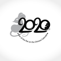 Metal mouse 2020. New Year greeting template. 2020 calligraphy and two mouse silhouette pattern. Vector Illustration Year of the Metal Rat 2020 on the Chinese Calendar.  